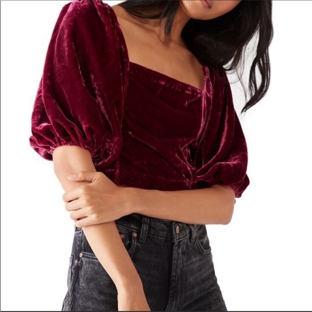 Free People Plum Colored Velvet Puff Sleeve Tie Back Ruched Crop Top S